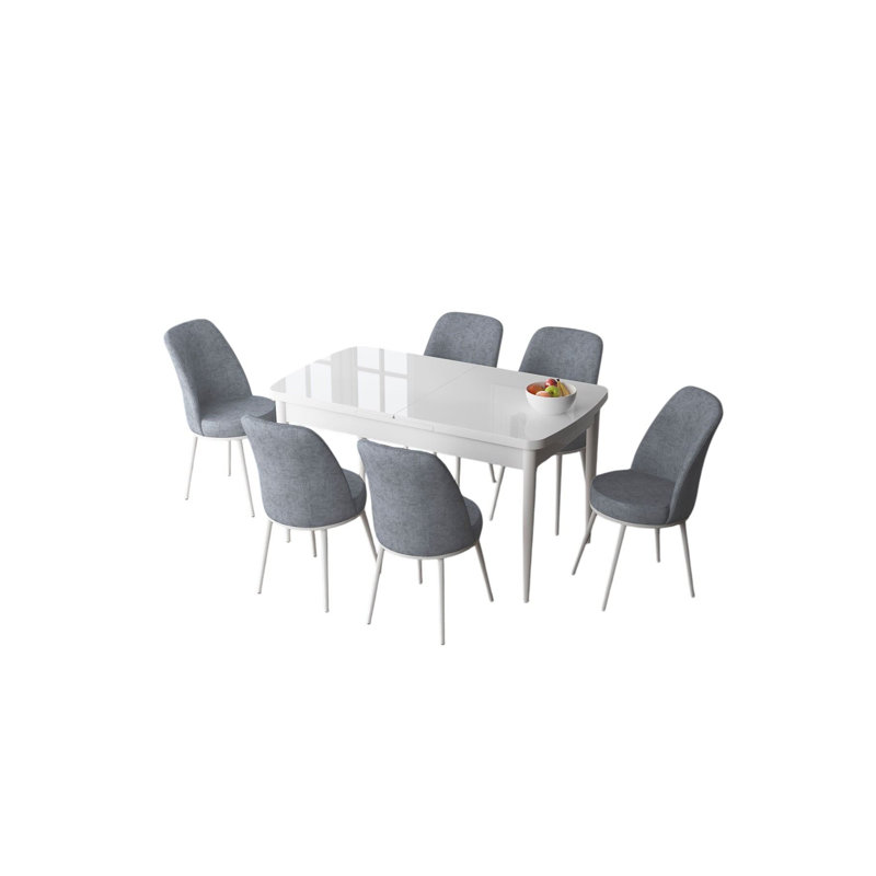 Ensemble de table et chaises de salle à manger extensible Modern (7 pièces), blanc et gris, table: 52,0 po x 31,0 po x 30,7 po (extension: 66,9 po) | 100% panneau de fibres à densité moyenne avec pieds en métal, chaises en tissu Jerry confortables, parfaites pour les salles à manger élégantes