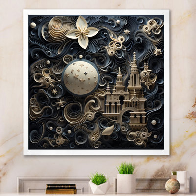 Paysage urbain 3D avec château en gris et bleu rétro - art abstrait sur toile, paysage
