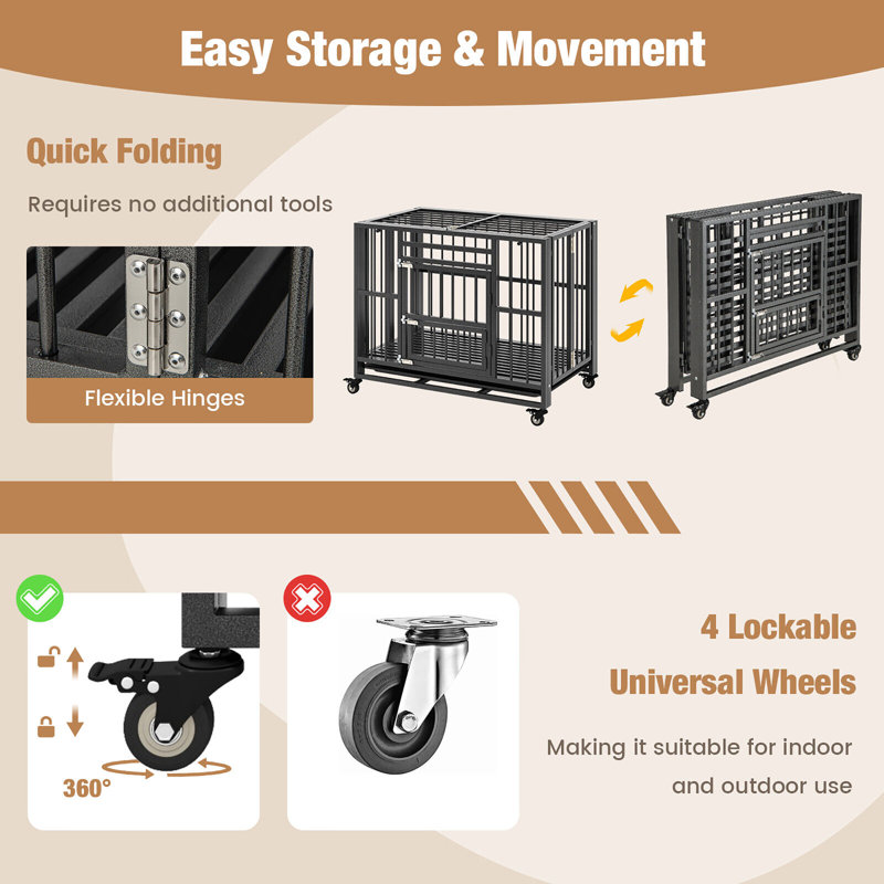 Heavy-Duty Black Metal Foldable Dog Cage with Wheels