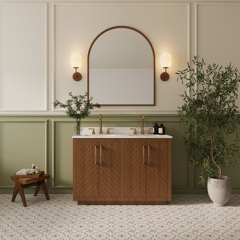 Linsay 48" Fully Assembled Rustic Farmhouse Double Sink Bathroom Vanity with Chevron Wood Cabinet, Engineered Marble Countertop