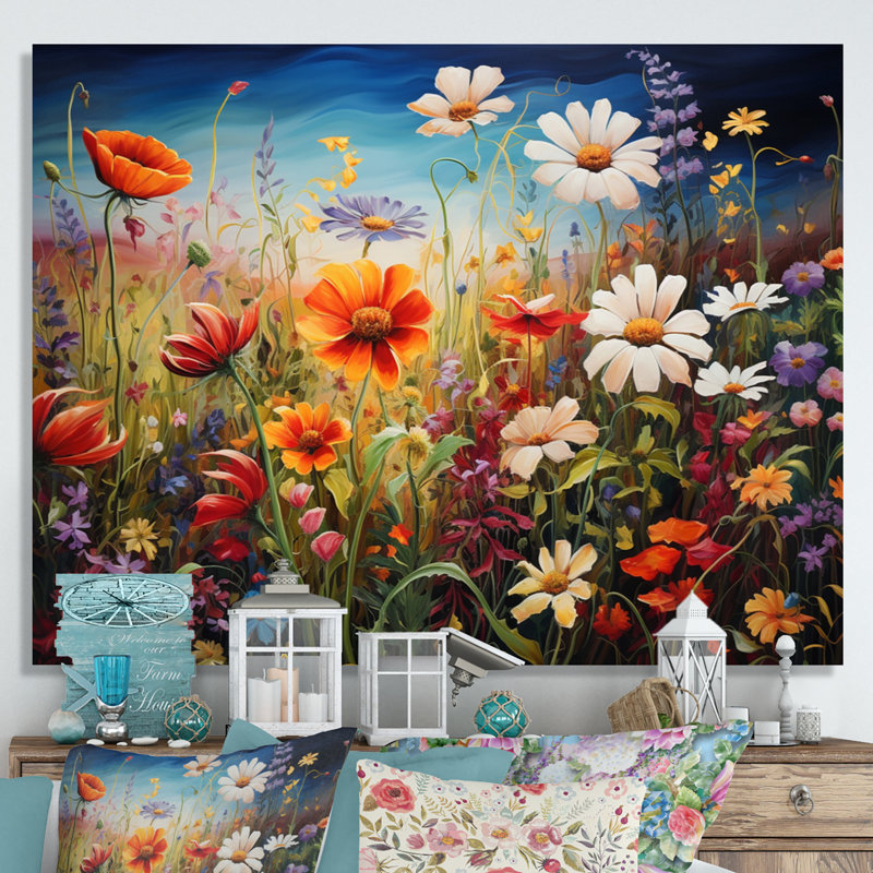 Fleurs colorées, symphonie III, art mural fleurs sauvages, Toile tendue, H 30 po x l 40 po x P 1,5 po