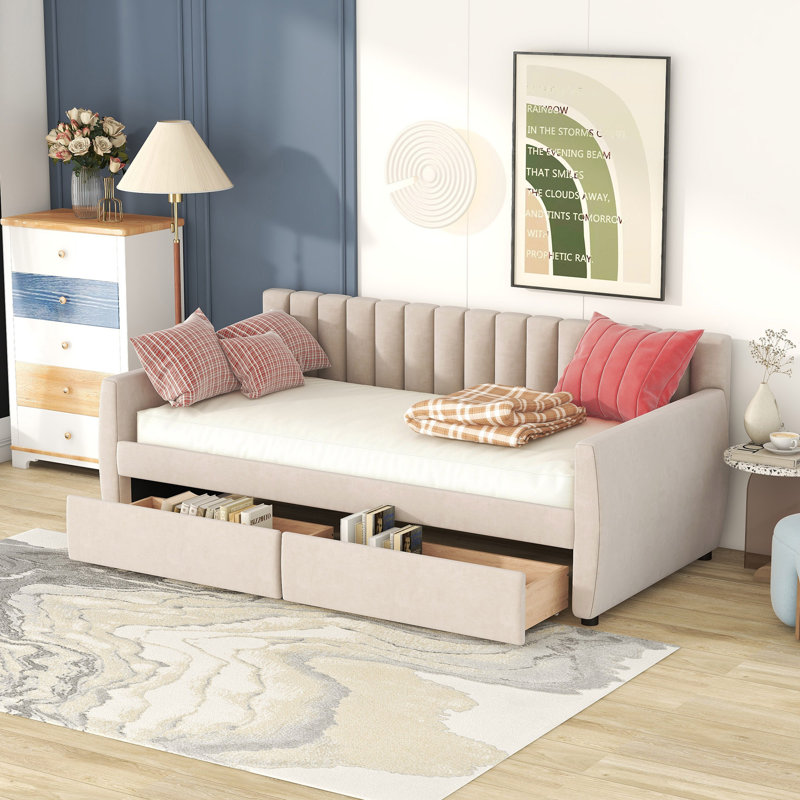 Lit de jour simple tapissier avec tiroirs, support en lattes de bois, Beige