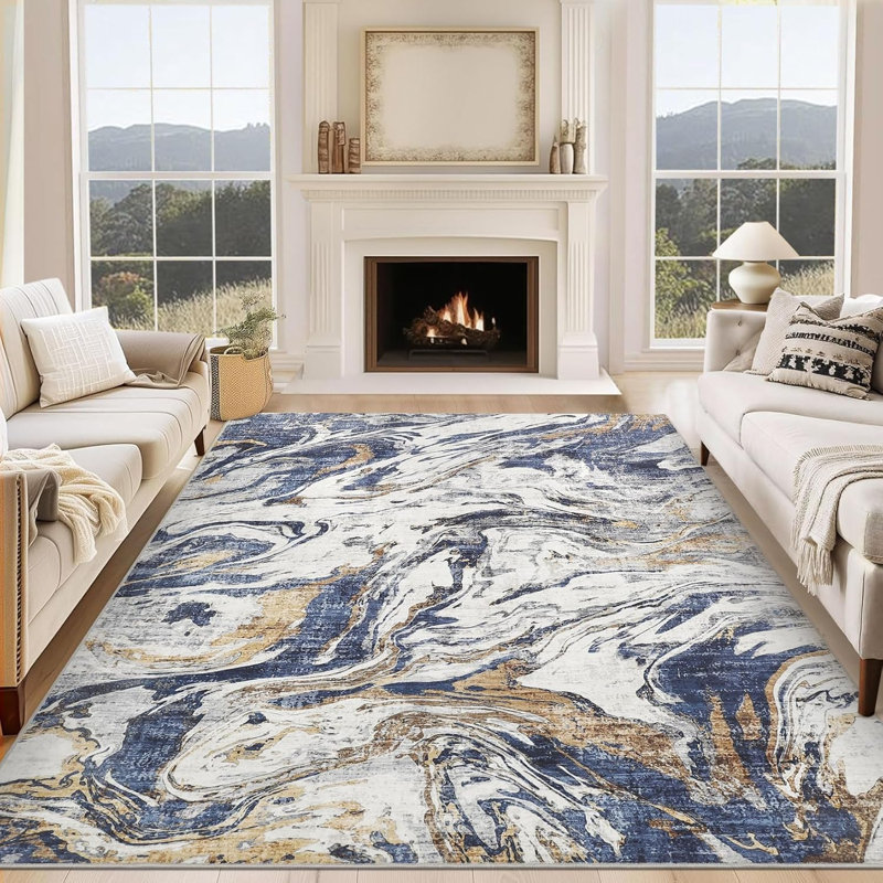 Machine Washable Rug – Non-Slip Low Pile Foldable Soft Modern Abstract Carpet for Entryway Bathroom Laundry Room Blue.
