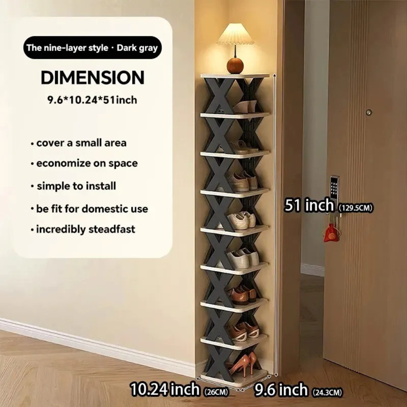 Range-chaussures vertical à 9 niveaux, organisateur de chaussures empilable sans outil pour 9 paires, espacement profond de 16 cm pour les bottes et les espadrilles, conception étroite et peu encombrante pour le placard, le vestibule, le vestibule