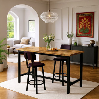 3 Piece Bar Table Set Of 2, 47" Rectangle Pub Bar Table With 2 PU Leather Upholstered Backrest Stools, Small Space Kitchen Dining Table Set For Kitche by Ebern Designs