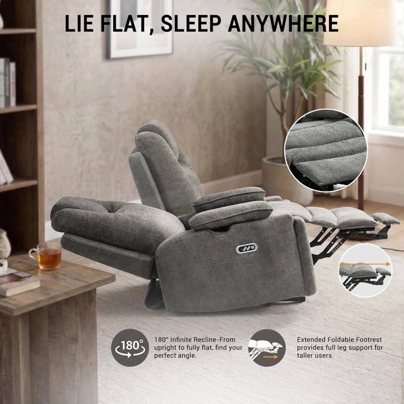  Oversized Recliner Power Lift Chair for Elderly, Dual Motor Power Recliner Sofa, 350lbs Heavy Duty Seat with 4D Arms, Full Flat Positioning, USB Ports, Phone Slot, Hidden Storage, Gray