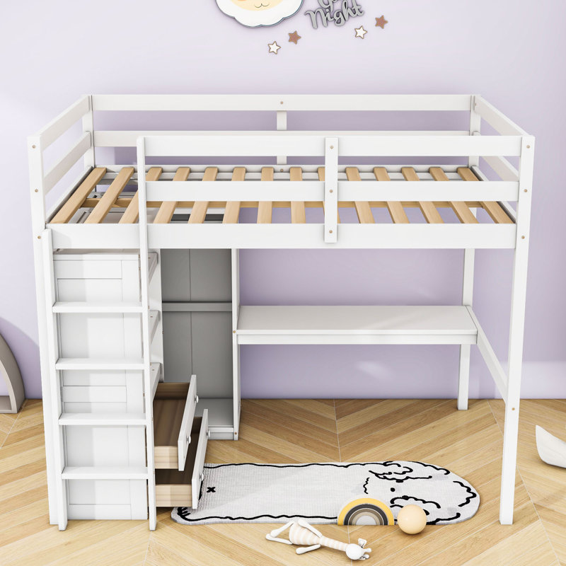 Lit mezzanine double en bois 2 tiroirs avec garde-robe, bureau intégré et tablettes, Blanc