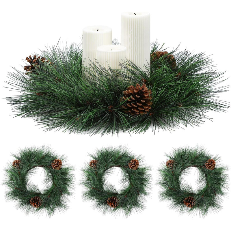 4 pièces d'anneaux de bougie de Noël couronnes, aiguilles, pin et pommes de pin, décorations de Noël, décorations de bougie pour table