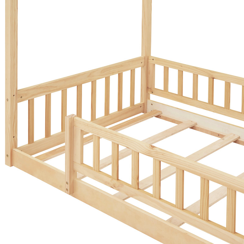 Twin Size Wood House Bed With Fence - Natural Pinewood For ' Fun Frame & Comfortable Space, Twin, Natural