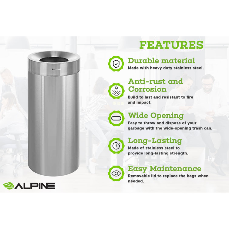 Alpine Industries Commercial Indoor Trash Can 27 Gallon Stainless