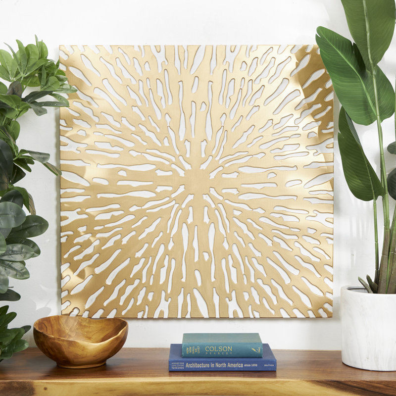 Décoration murale carrée en bois sculpté étoile dorée abstraite avec support blanc