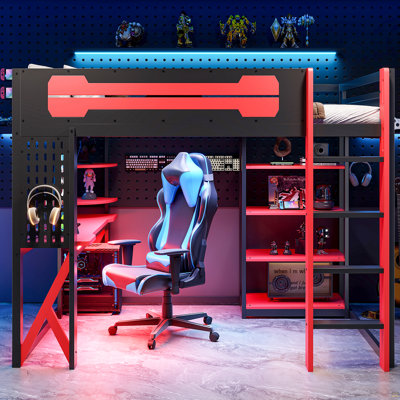 Lit mezzanine double en bois avec bureau, tablettes, prise de courant et ports USB / Type-C et lumière RVB, noir et rouge