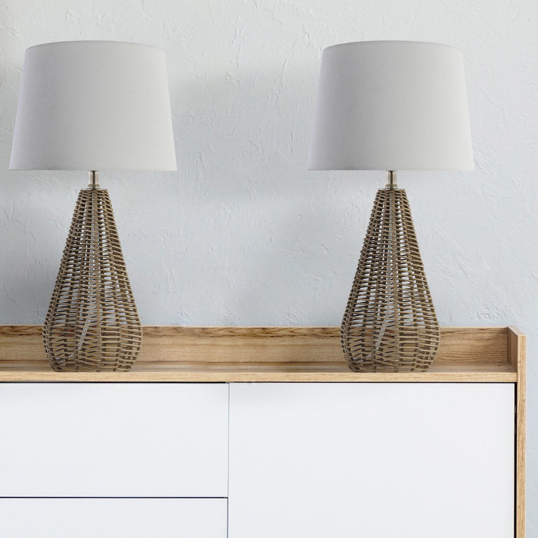 August Set Of Two 22" High Tan And Brushed Nickel Iron Urn-Shaped Table Lamps With White Fabric Drum-Shaped Shades - Dovecove Bay Isle Home™