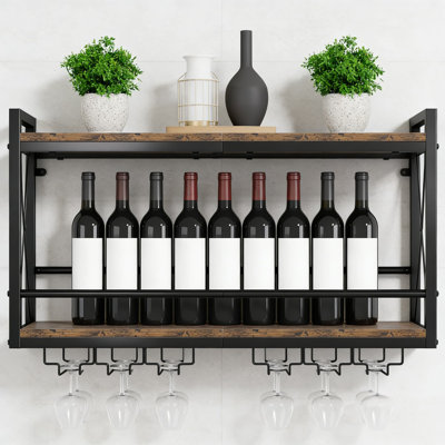 Wall Mounted Wine Rack With RGB LED Lights, 2-Tier Wood And Metal Display Shelf With Stemware Holder For Home Bar, Kitchen, Or Dining Room