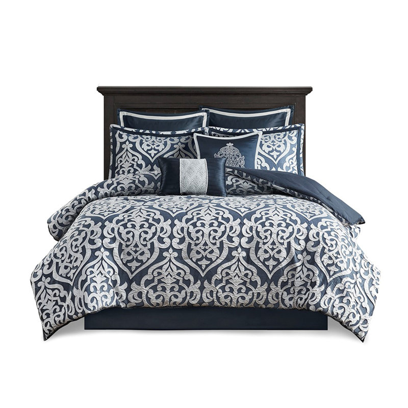 8 Piece Jacquard Comforter Set Navy/Silver