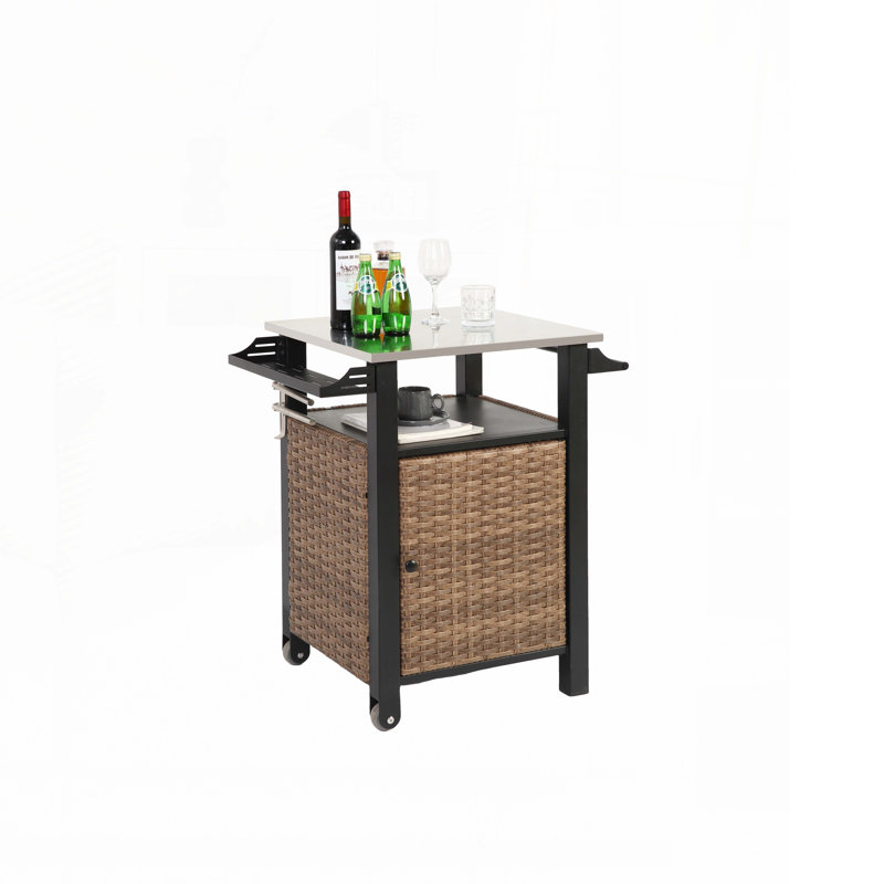 Outdoor Kitchen Wicker Island Rolling Cart & Storage Cabine