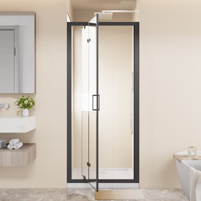 Framed Bi-Fold Pivot Shower Door 26"X72" Space-Saving Folding Shower Enclosure, 1/4" Clear Tempered Glass With Stainless Steel Handle, Reverible Installation, Black
