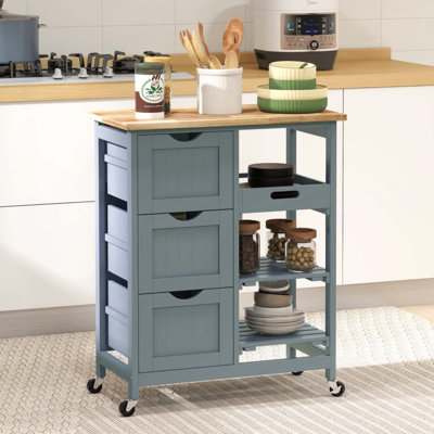Chariot roulant pour îlot de cuisine, chariot de service de bar, chariot compact sur roulettes avec plateau en bois