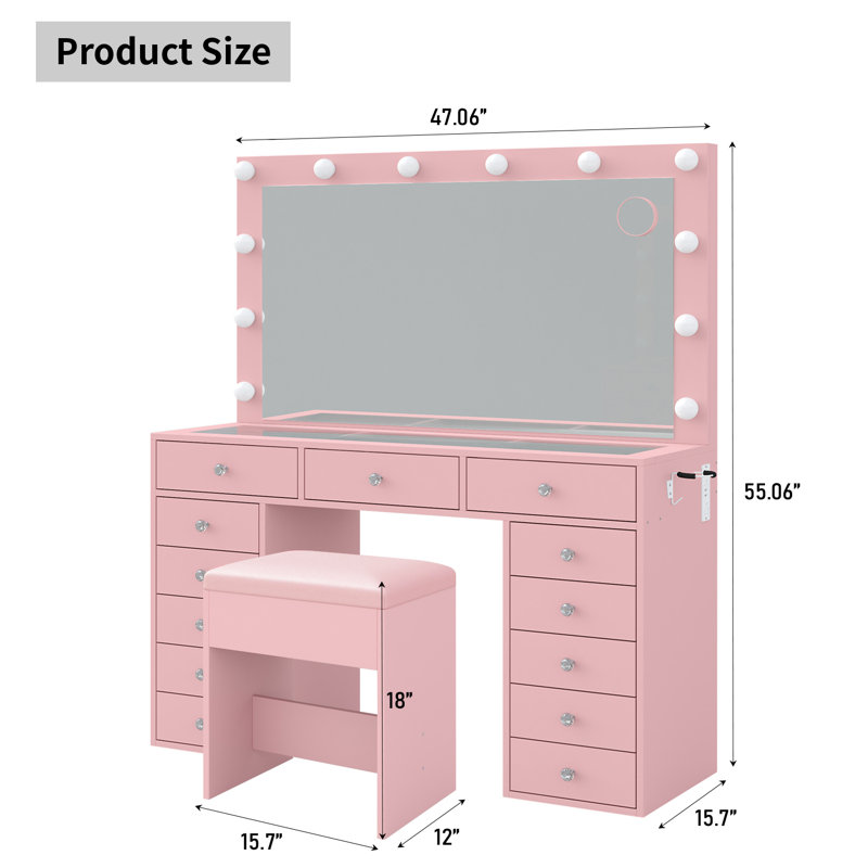 13 Drawers Vanity Desk, Makeup Vanity With Power Outlet, Vanity Table With Mirror And 12 LED Bulbs, 3 Lighting Modes, Glass Top Dressing Table With Chair