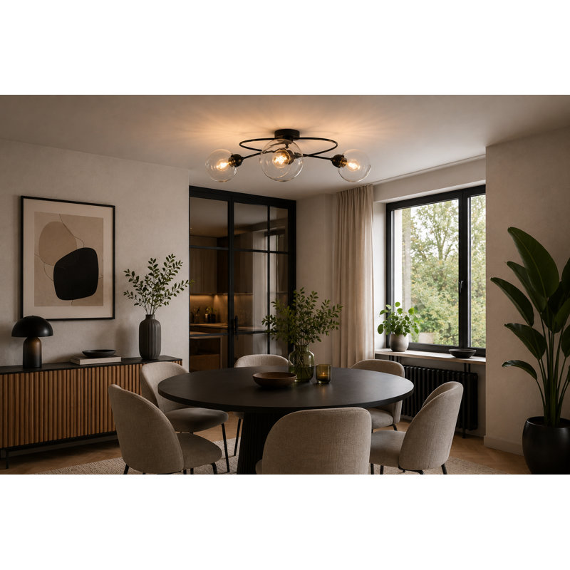 Glass Semi Flush Mount, Clear, 3 Lights, Transparent