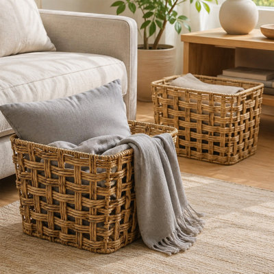 Paquet de 2 paniers de rangement très larges en jacinthe d'eau avec poignées, bacs tissés naturels pour couvertures, jouets, serviettes et rangement