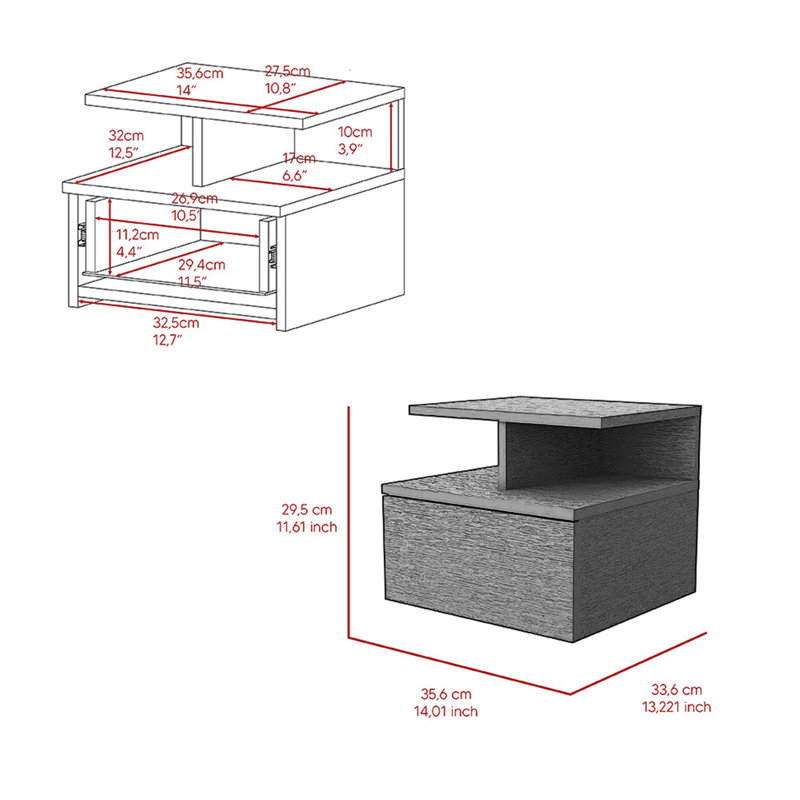 Table de chevet murale polyvalente avec tiroir et tablettes pour un rangement pratique, Noir, noir, noir, noir