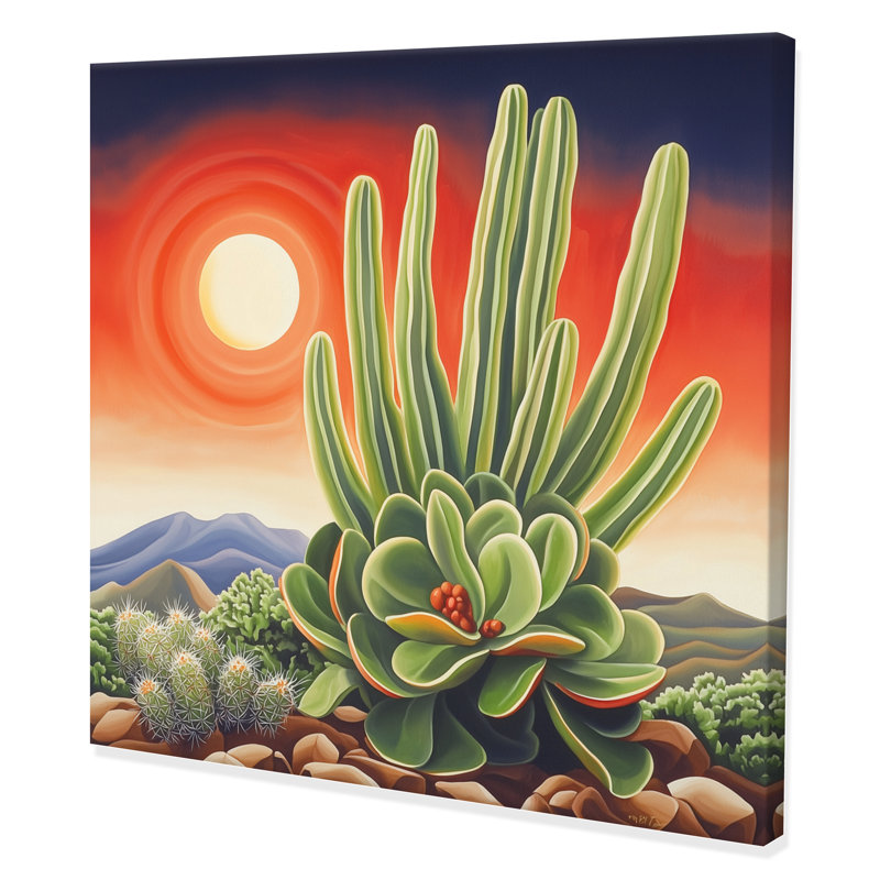 Cactus mexicain, paysage I, art mural de cactus floral, salon, H 16 po x l 16 po, Toile tendue, Ne s’applique pas