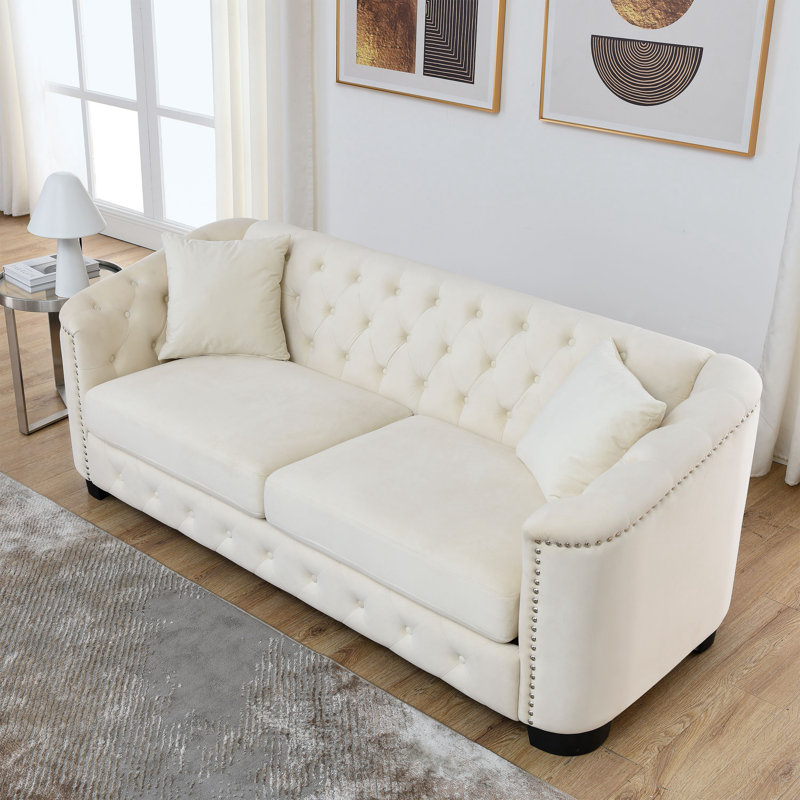 Canapé Hafid, Velours beige, H 30 po x l 77 po x P 31,5 po