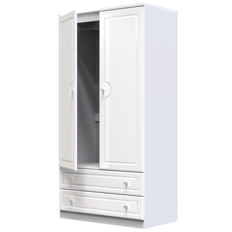 Conover Wide 2 Drawer Double Wardrobe , White Gloss/White