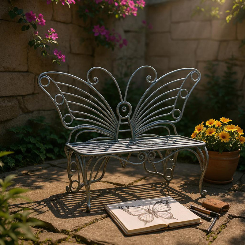 Butterfly Metal Garden Bench, Grey