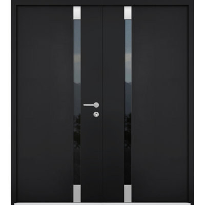 Porte d'entrée extérieure double prémontée en aluminium Cynex 6777 noir, 2 impostes latérales, verre clair miroir, style moderne, peinte, 96 x 80 po (L 12 + 72 + 12 po x H 80 po), ouverture à gauche vers l'intérieur
