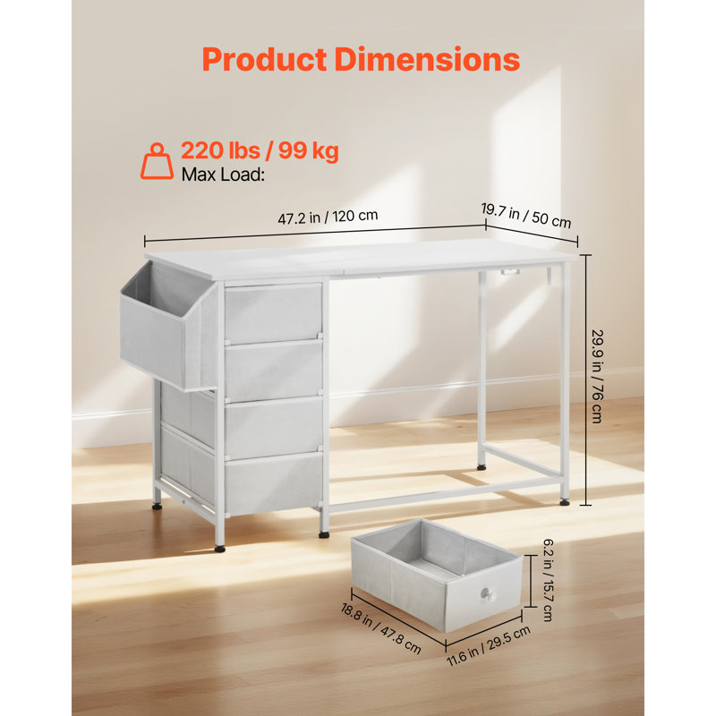 Bureau d'ordinateur avec tiroirs en tissu, bureau d'écriture réversible de 47 pouces pour la chambre à coucher avec bureau à domicile moderne, meuble de bureau simple et moderne avec cadre en métal, blanc