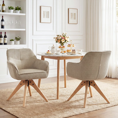 Mid-Century Modern Swivel Accent Chair, Corduroy Upholstered Dining Chair with Solid Wood Legs, 360° Rotating Leisure Armchair for Living Room, Bedroom & Home Office