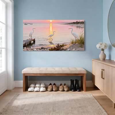 Tableau sur toile tendue représentant des aigrettes au coucher du soleil sur la plage (lot de 1)