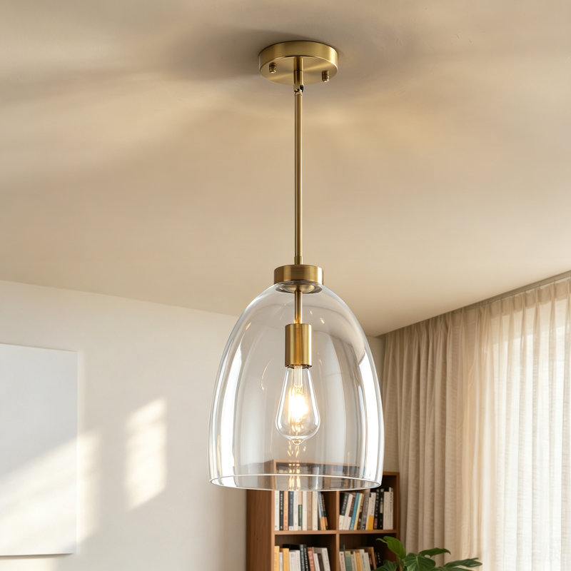 Suspension à une lumière en verre clair avec tige ajustable, Matte Black