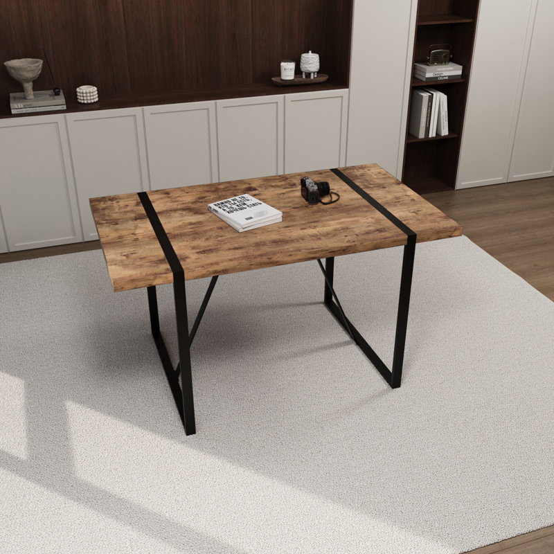 Modern Rural Industrial 55" Dining Table, 1.5" Thick Dark Wood Tabletop And Black Rectangular Metal Legs, For 4 - 6, Home Kitchen Table & Kitchen, Design, With 4-6 People
