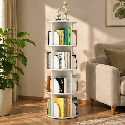 Bibliothèque pivotante à 4 niveaux (360°), tablette de rangement étroite en PVC blanc, à poser au sol, idéale pour les petites chambres.