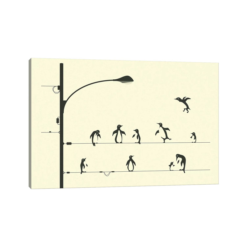 «Penguins on a Wire», art encadré, H 32 po x l 48 po x P 1,5 po, Toile tendue
