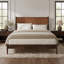 Lit plateforme king size en bois d'acacia massif avec tête de lit en cuir végétalien tissé à la main, cadre de lit de style moderne du milieu du siècle, sommier non requis-133671044