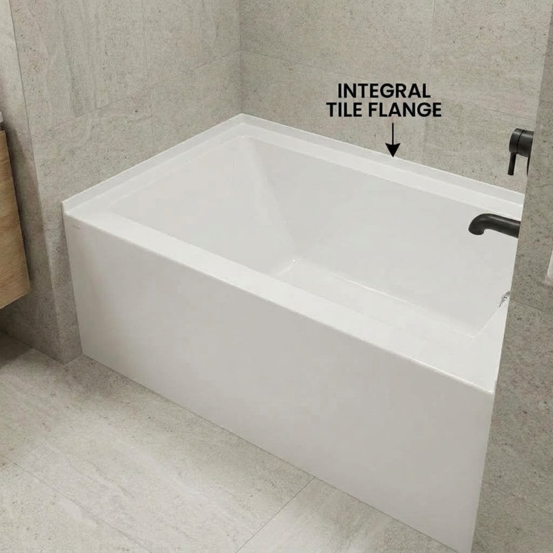 Baignoire de trempage en alcôve en acrylique avec tablier frontal 54 "Condris, débordement rond, drain à droite, blanc Condris