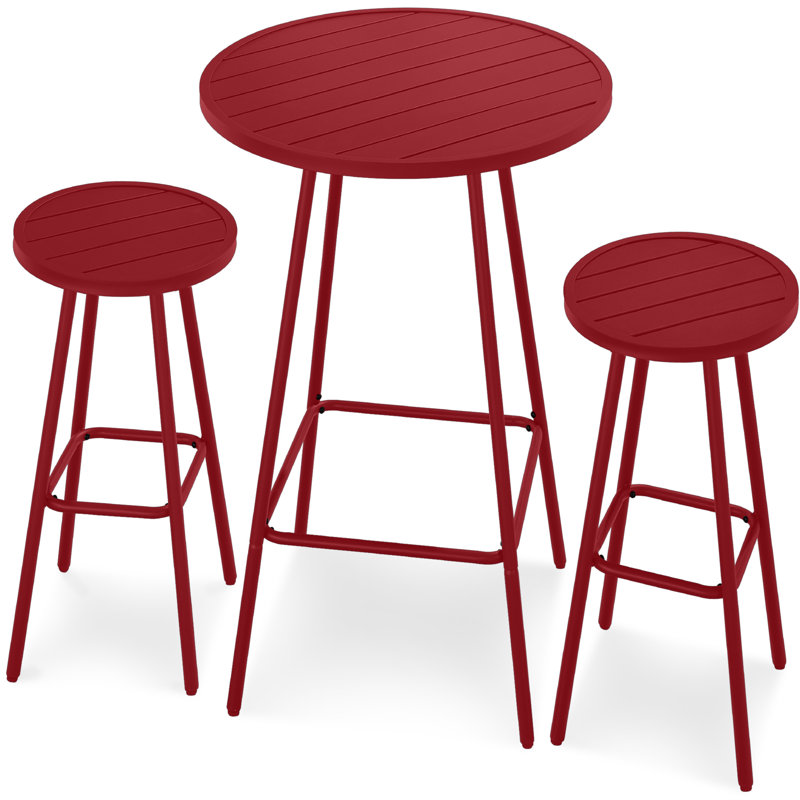 Ensemble bistro 3 pièces à hauteur de bar en acier avec tabourets sans dossier, Rouge