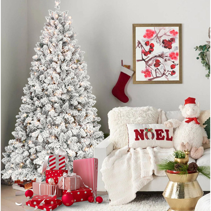Arbre de Noël floqué avec 300 lumières UL et 27 pommes de pin naturelles - pointes en PVC enneigées, 600 pointes, structure à charnières, support en métal stable, installation facile