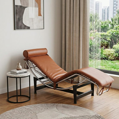 Chaise longue réglable en cuir et métal brun et argent 61 po avec coussin