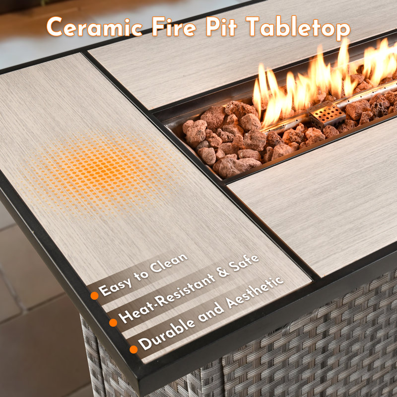 26"D X 42.15"W Rectangular Outdoor Fire Pit Table,Wicker Rattan Propane Heater For Patio, Garden, Backyard