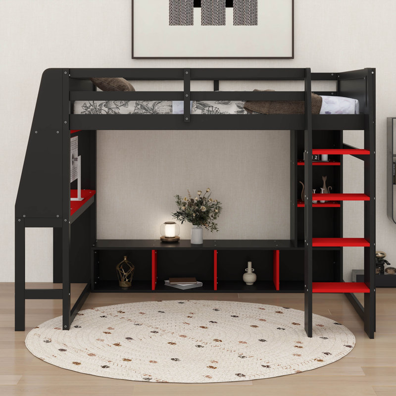 Lit mezzanine double avec bureau, lumières DEL et tablettes multi-rangements