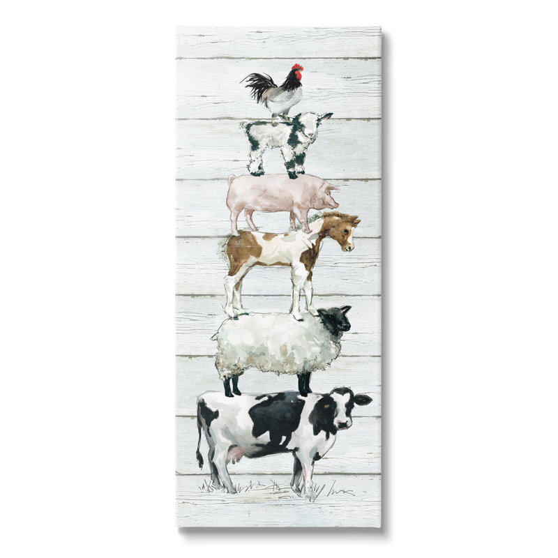 «Balancing Farm Animals Rustic White Plank Motif» par Carol Robinson, peinture sur toile tendue, H 30 po x l 13 po x P 1,5 po