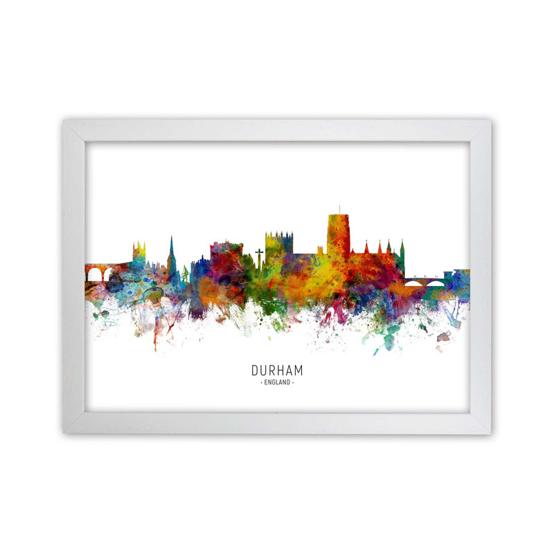 Durham England Skyline by Michael Tompsett - Print, 34cm H x 46cm W x 3cm D, White Framed
