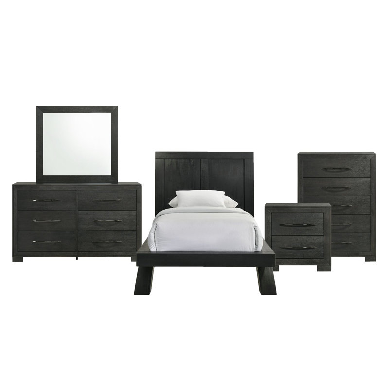 Ensemble de chambre à coucher à panneaux Bangor, 5 Pcs: Bed, Dresser, Mirror, Chest, Nightstand, Lit double