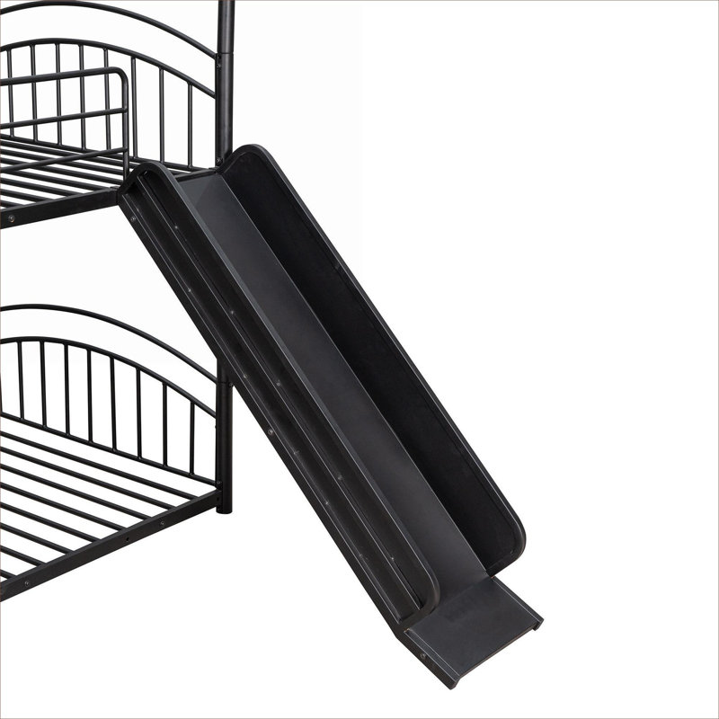 Lit superposé simple au-dessus d'un lit simple en métal noir profond, de style maisonnette avec glissoire pour chambre d'enfant