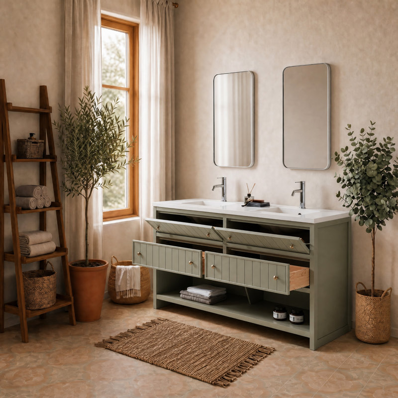 Meuble-lavabo 60 po Rennes avec plateau en quartz, Olive